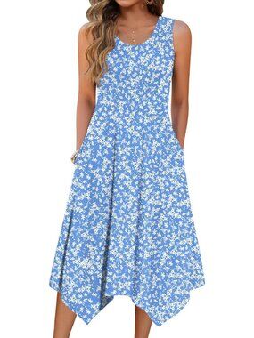🆕Women's Light Blue Summer Tank Dress Loose Flowy Beach Dress  Flare Midi Dress
